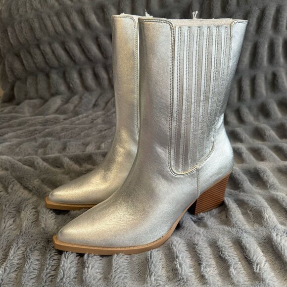 Women Go-Go Disco Glam Western Pointed Toe Block Heel Boot Silver Metallic 7 8 - Picture 1 of 12